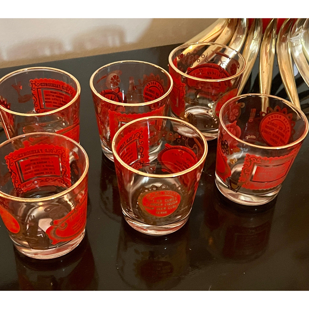 1960’s Red and Gold Lowball Barware, Set of Six -  POSH 