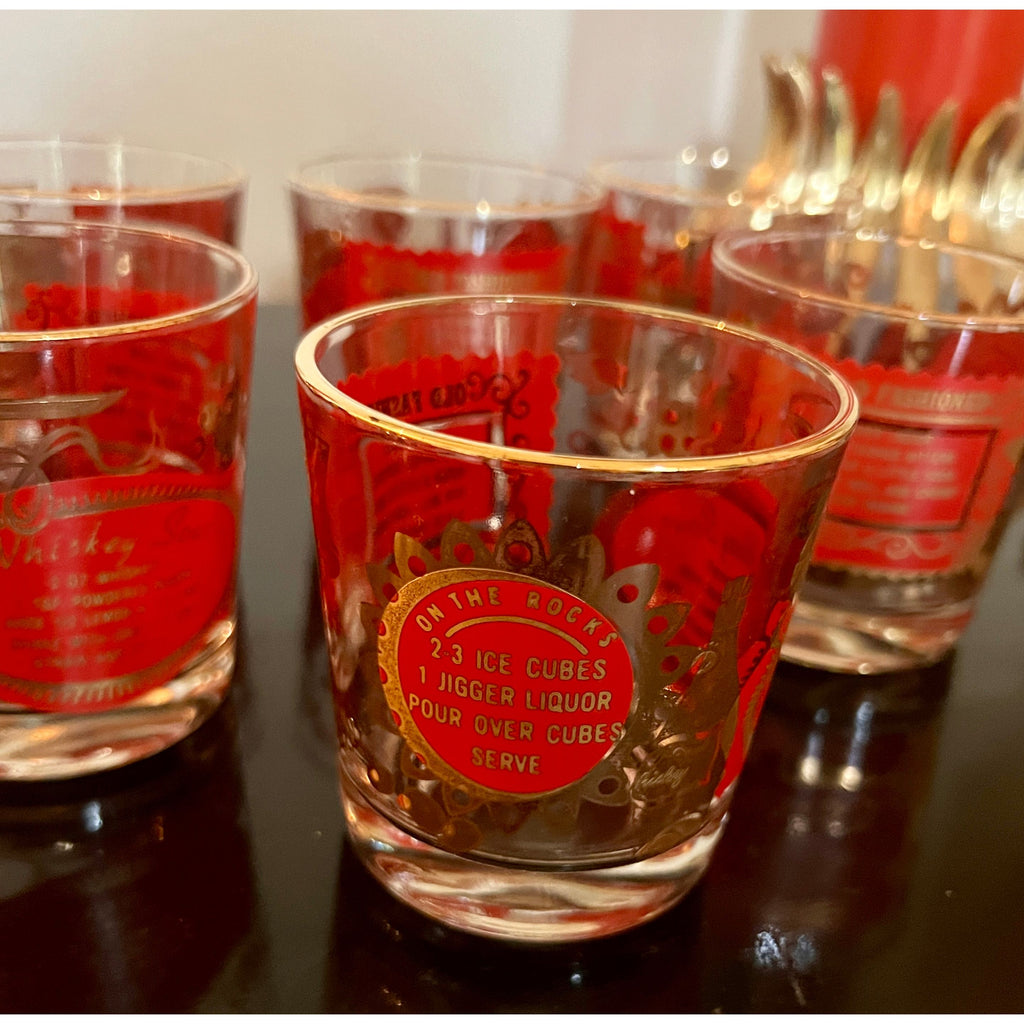 1960’s Red and Gold Lowball Barware, Set of Six -  POSH 