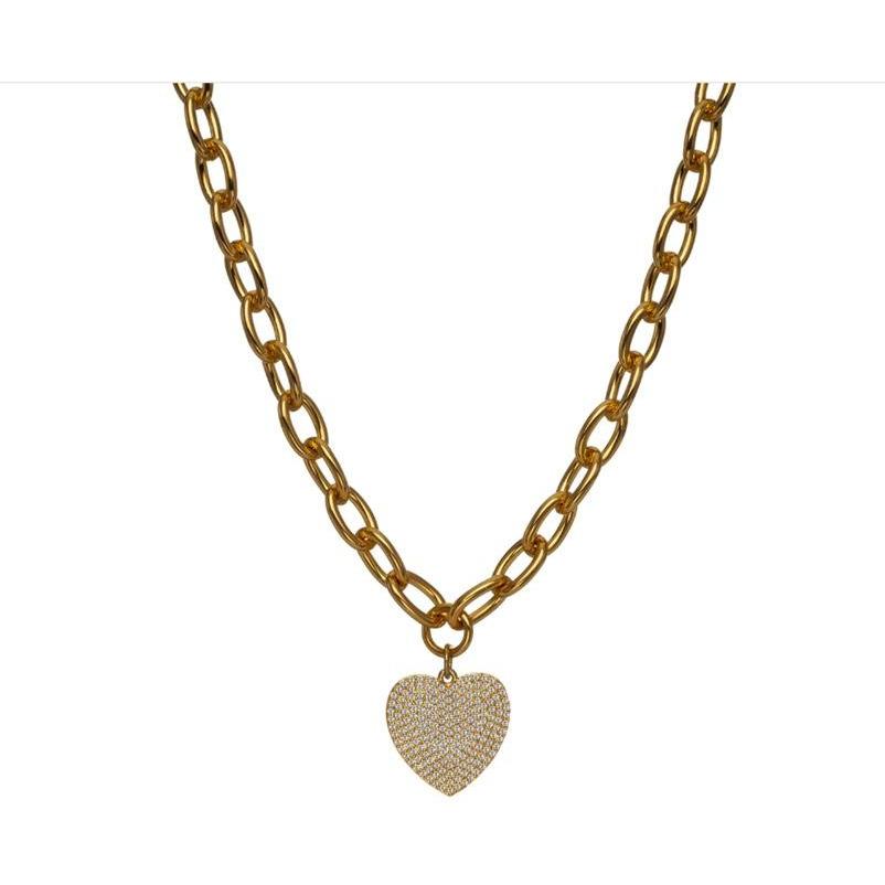 Pave Crystal Heart Necklace - Yellow Gold - POSH